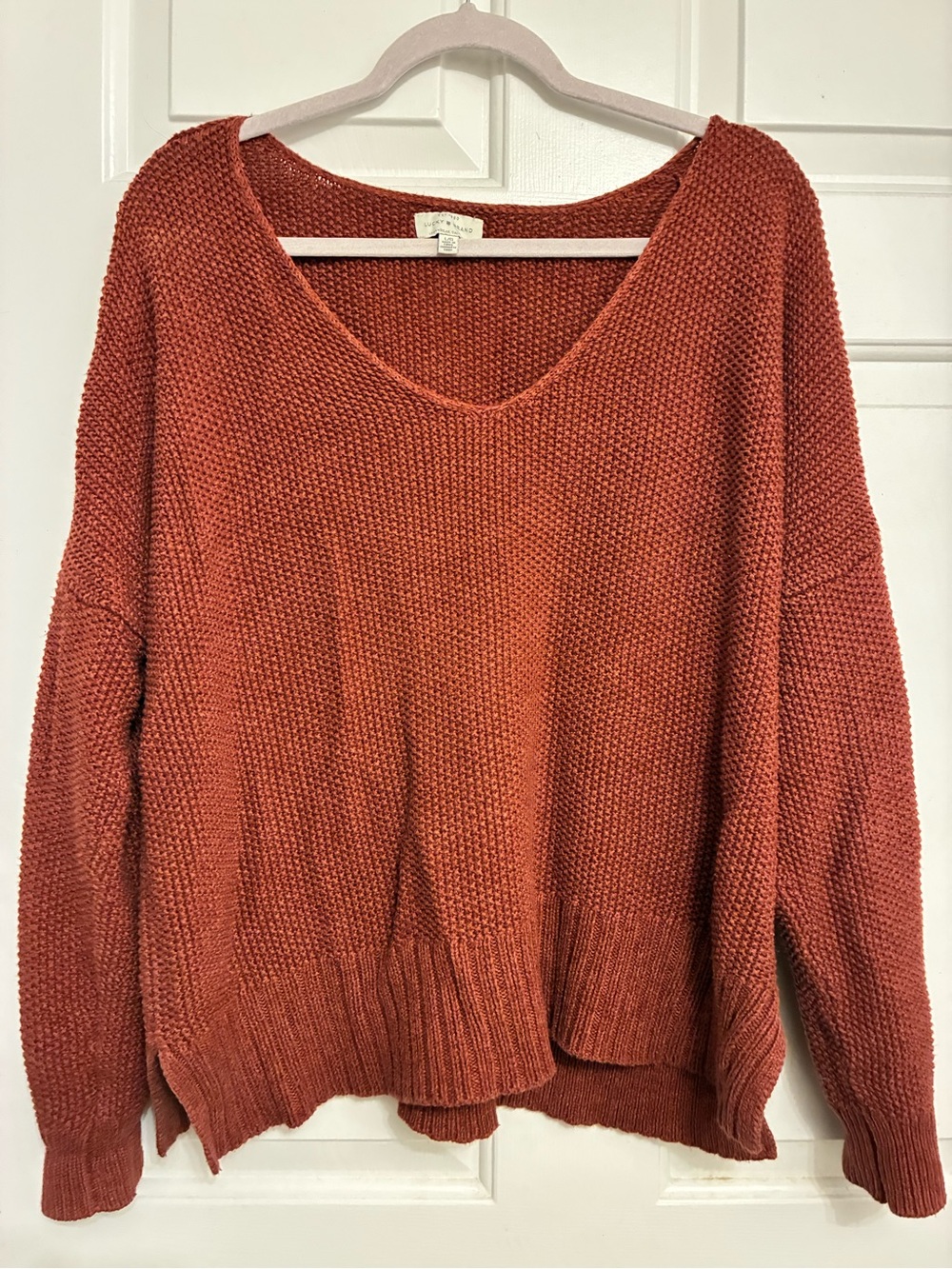Lucky Brand Rust Orange V-Neck Chunky Knit Sweater